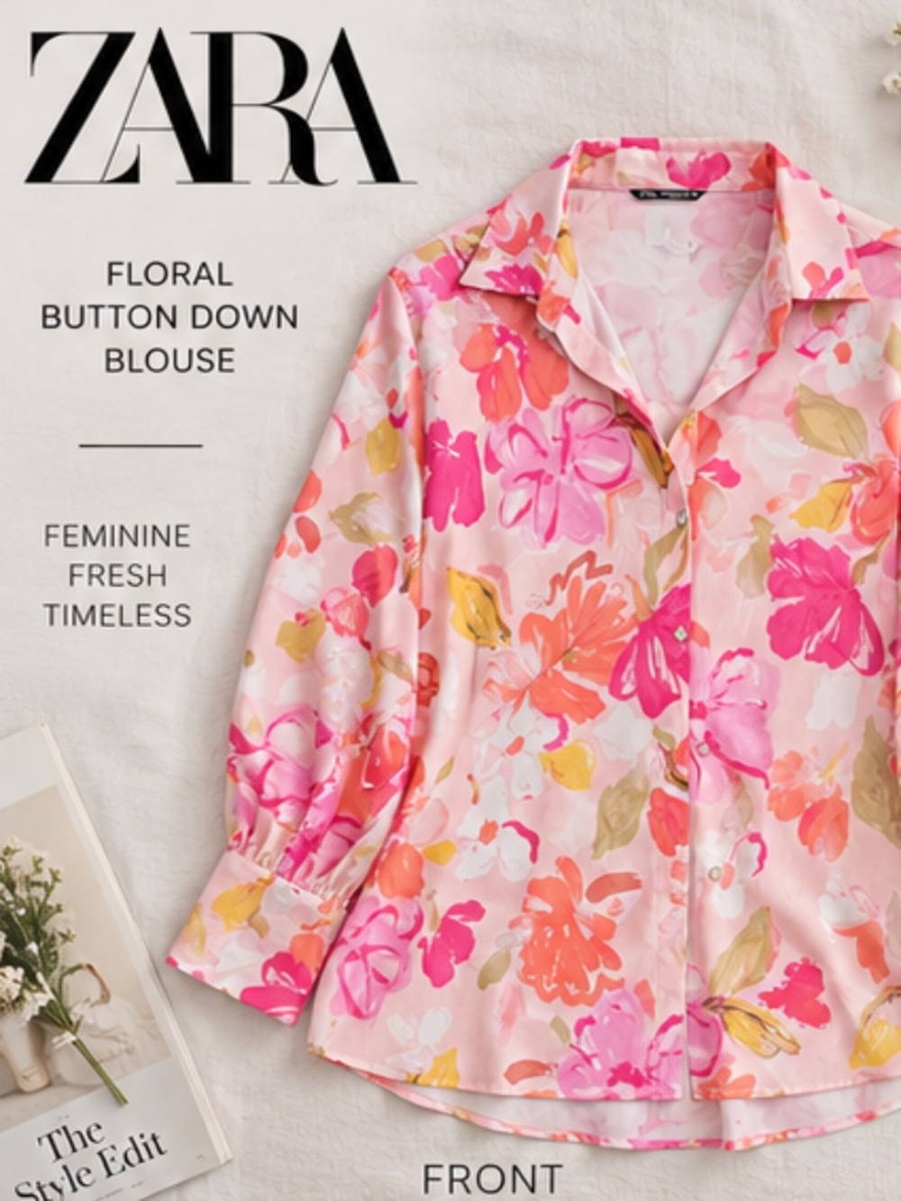 ZARA Pink Floral Button Down Blouse Size M Watercolor Print Shirt
